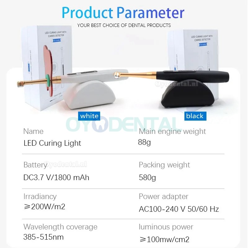 Tandheelkundig draadloos 1 seconde LED-uithardingslicht met cariësdetectie 6 modi 1800MW/CM2